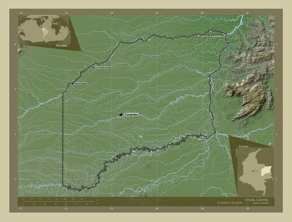 Vichada Komisarz Kolumbii Mapa Wzniesień Kolorowa Stylu Wiki Jeziorami Rzekami — Zdjęcie stockowe