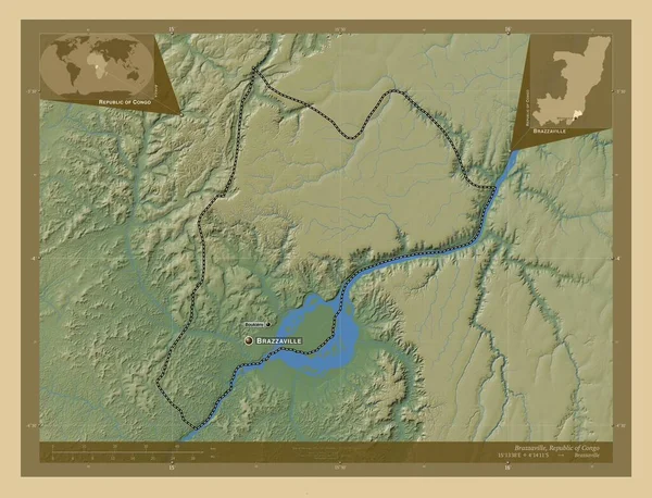 ブラジル コンゴ共和国の領域 湖や川と色の標高マップ 地域の主要都市の位置と名前 コーナー補助位置図 — ストック写真