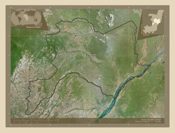 キューベット コンゴ共和国の領域 高解像度衛星地図 地域の主要都市の位置と名前 コーナー補助位置図 — ストック写真
