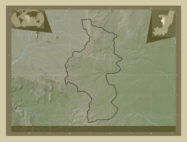 コンゴ共和国の領域のCuvette Ouest 湖や川とWikiスタイルで着色された標高マップ 地域の主要都市の場所 コーナー補助位置図 — ストック写真
