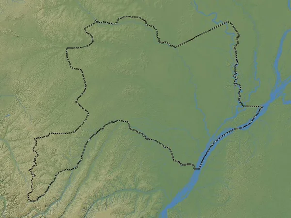 Cuvette, Kongo Cumhuriyeti bölgesi. Gölleri ve nehirleri olan renkli yükseklik haritası