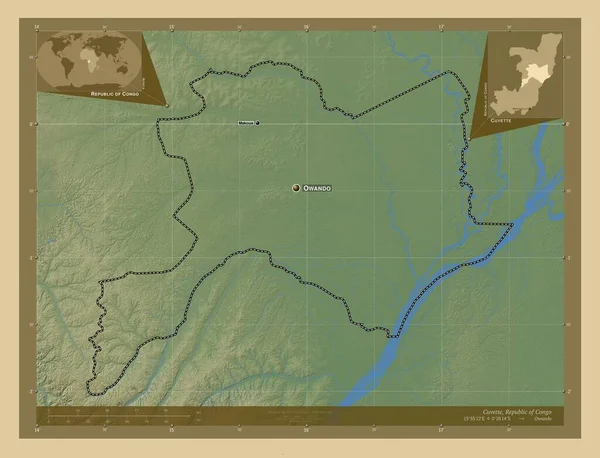 Cuvette Region Republiki Konga Kolorowa Mapa Wzniesień Jeziorami Rzekami Lokalizacje — Zdjęcie stockowe