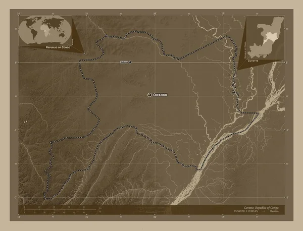キューベット コンゴ共和国の領域 湖や川とセピアトーンで着色された標高マップ 地域の主要都市の位置と名前 コーナー補助位置図 — ストック写真