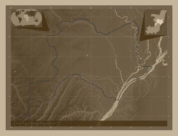 Cuvette, Kongo Cumhuriyeti bölgesi. Yükseklik haritası sepya tonlarında göller ve nehirlerle renklendirilmiş. Bölgenin büyük şehirlerinin yerleri. Köşedeki yedek konum haritaları