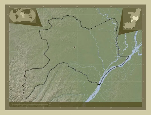 キューベット コンゴ共和国の領域 湖や川とWikiスタイルで着色された標高マップ コーナー補助位置図 — ストック写真