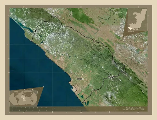 刚果共和国Kouilou地区 高分辨率卫星地图 该区域主要城市的地点和名称 角辅助位置图 — 图库照片