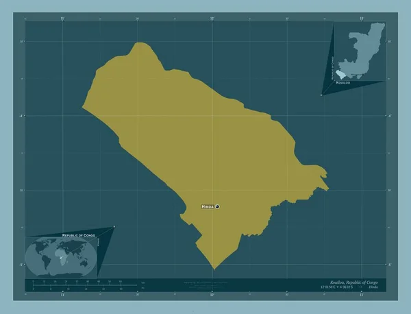 コイロ コンゴ共和国の領域 しっかりした色の形 地域の主要都市の位置と名前 コーナー補助位置図 — ストック写真