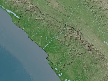 Kouilou, Kongo Cumhuriyeti bölgesi. Yükseklik haritası göller ve nehirlerle wiki stilinde renklendirilmiştir