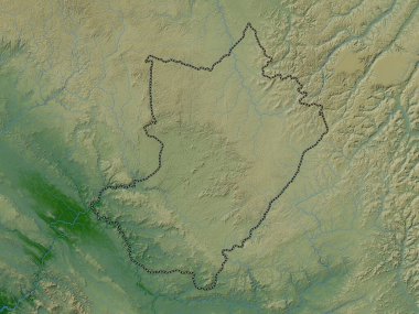 Lekoumou, Kongo Cumhuriyeti bölgesi. Gölleri ve nehirleri olan renkli yükseklik haritası