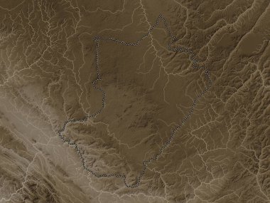 Lekoumou, Kongo Cumhuriyeti bölgesi. Yükseklik haritası sepya tonlarında göller ve nehirlerle renklendirilmiş