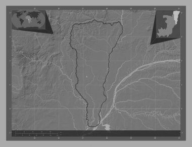 Likouala, Kongo Cumhuriyeti bölgesi. Göllü ve nehirli çift katlı yükseklik haritası. Köşedeki yedek konum haritaları
