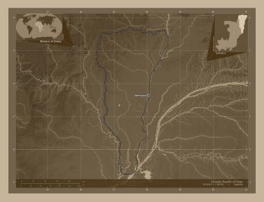 Likouala, Kongo Cumhuriyeti bölgesi. Yükseklik haritası sepya tonlarında göller ve nehirlerle renklendirilmiş. Bölgenin büyük şehirlerinin yerleri ve isimleri. Köşedeki yedek konum haritaları