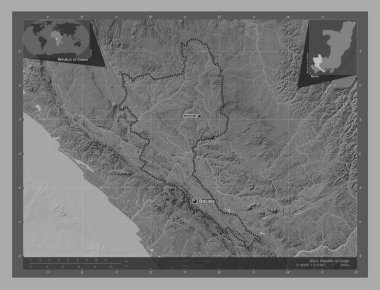 Niari, Kongo Cumhuriyeti bölgesi. Göllü ve nehirli çift katlı yükseklik haritası. Bölgenin büyük şehirlerinin yerleri ve isimleri. Köşedeki yedek konum haritaları