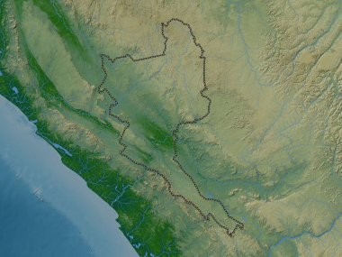 Niari, Kongo Cumhuriyeti bölgesi. Gölleri ve nehirleri olan renkli yükseklik haritası