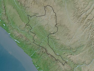 Niari, Kongo Cumhuriyeti bölgesi. Yükseklik haritası göller ve nehirlerle wiki stilinde renklendirilmiştir