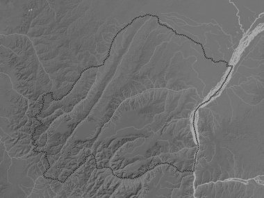 Plato, Kongo Cumhuriyeti bölgesi. Gölleri ve nehirleri olan gri tonlama yükseklik haritası