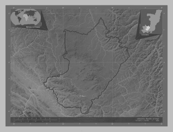 コンゴ共和国 コンゴ共和国 の領域 湖や川とグレースケールの標高マップ 地域の主要都市の位置と名前 コーナー補助位置図 — ストック写真