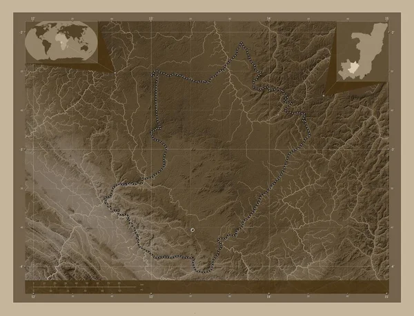 Lekoumou Oblast Konžské Republiky Zdvihová Mapa Zbarvená Sépiovými Tóny Jezery — Stock fotografie