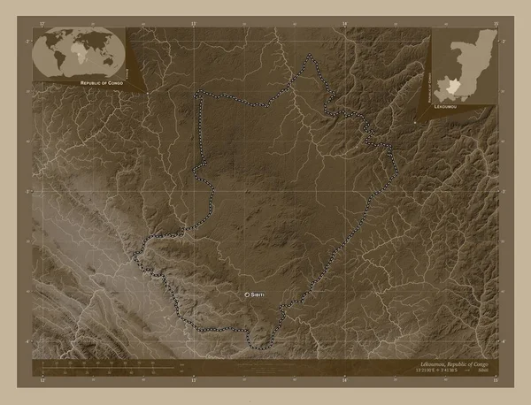 Lekoumou Oblast Konžské Republiky Zdvihová Mapa Zbarvená Sépiovými Tóny Jezery — Stock fotografie