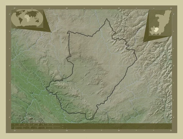 刚果共和国Lekoumou地区 用Wiki风格绘制的带有湖泊和河流的高程地图 角辅助位置图 — 图库照片