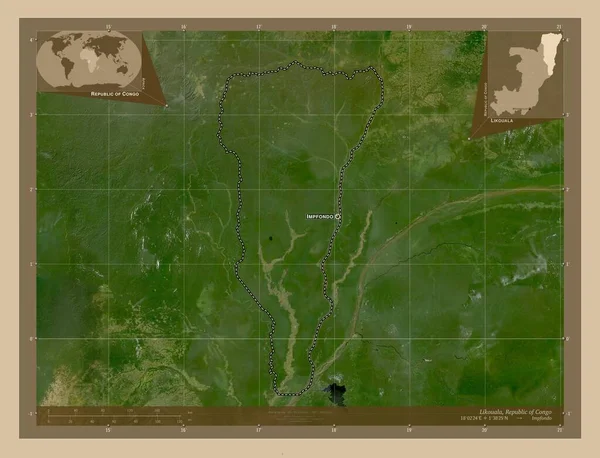 コンゴ共和国のリコアラ 低解像度衛星地図 地域の主要都市の位置と名前 コーナー補助位置図 — ストック写真