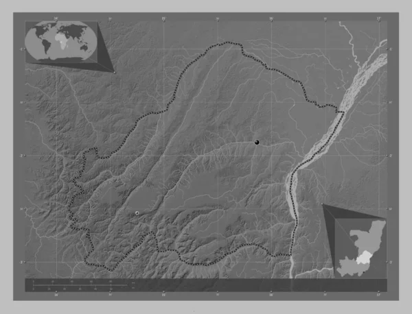 コンゴ共和国の領域 湖や川とグレースケールの標高マップ 地域の主要都市の場所 コーナー補助位置図 — ストック写真