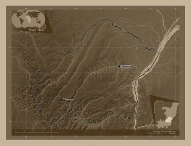 Plato, Kongo Cumhuriyeti bölgesi. Yükseklik haritası sepya tonlarında göller ve nehirlerle renklendirilmiş. Bölgenin büyük şehirlerinin yerleri ve isimleri. Köşedeki yedek konum haritaları