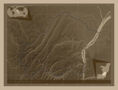 Plato, Kongo Cumhuriyeti bölgesi. Yükseklik haritası sepya tonlarında göller ve nehirlerle renklendirilmiş. Köşedeki yedek konum haritaları