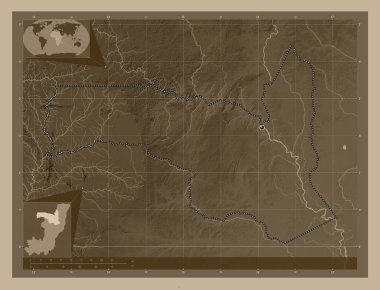 Sangha, Kongo Cumhuriyeti bölgesi. Yükseklik haritası sepya tonlarında göller ve nehirlerle renklendirilmiş. Köşedeki yedek konum haritaları