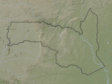 Sangha, Kongo Cumhuriyeti bölgesi. Yükseklik haritası göller ve nehirlerle wiki stilinde renklendirilmiştir