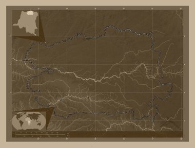 Bas-Uele, Demokratik Kongo Cumhuriyeti ili. Yükseklik haritası sepya tonlarında göller ve nehirlerle renklendirilmiş. Bölgenin büyük şehirlerinin yerleri. Köşedeki yedek konum haritaları