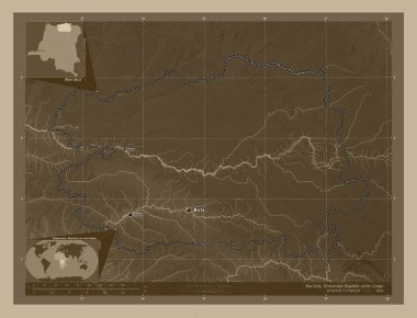 Bas-Uele, Demokratik Kongo Cumhuriyeti ili. Yükseklik haritası sepya tonlarında göller ve nehirlerle renklendirilmiş. Bölgenin büyük şehirlerinin yerleri ve isimleri. Köşedeki yedek konum haritaları