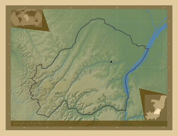 コンゴ共和国の領域 湖や川と色の標高マップ 地域の主要都市の場所 コーナー補助位置図 — ストック写真
