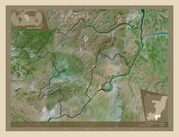 コンゴ共和国の地域のプール 高解像度衛星地図 地域の主要都市の位置と名前 コーナー補助位置図 — ストック写真