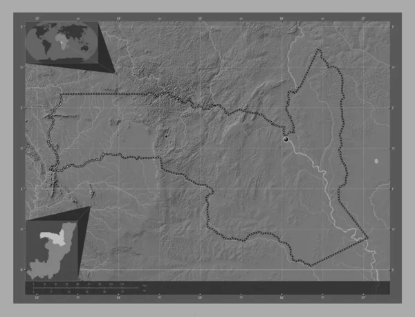 Sangha Kongói Köztársaság Kétszintes Domborzati Térkép Tavakkal Folyókkal Régió Nagyvárosainak — Stock Fotó