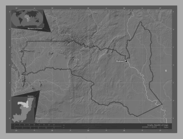 Sangha Region Republiki Konga Dwupoziomowa Mapa Jeziorami Rzekami Lokalizacje Nazwy — Zdjęcie stockowe