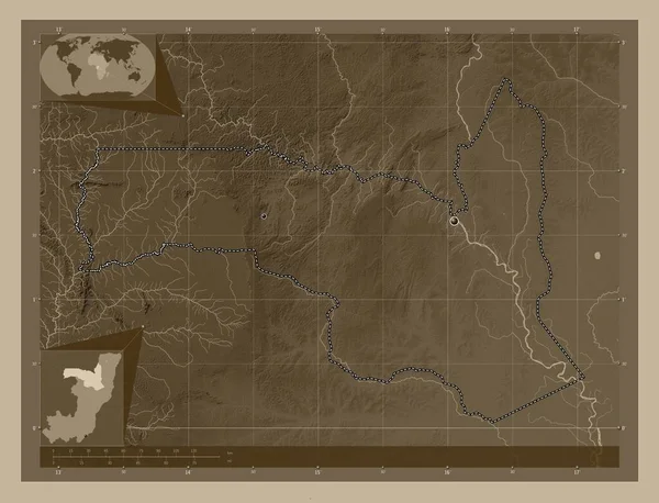 Sangha Region Republic Congo Elevation Map Colored Sepia Tones Lakes — Stock Photo, Image