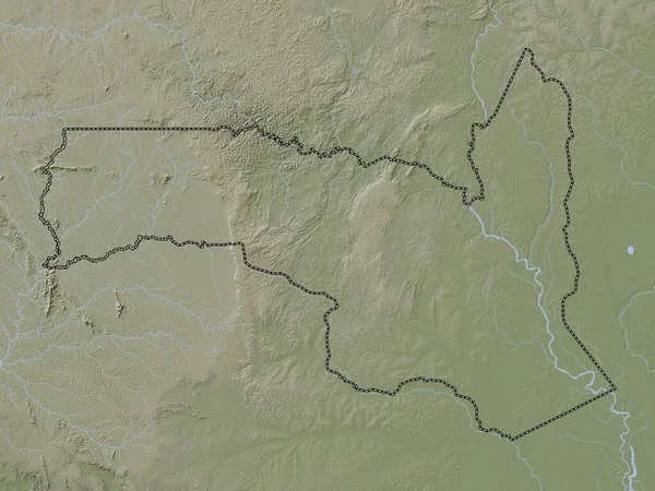 Sangha, Kongo Cumhuriyeti bölgesi. Yükseklik haritası göller ve nehirlerle wiki stilinde renklendirilmiştir