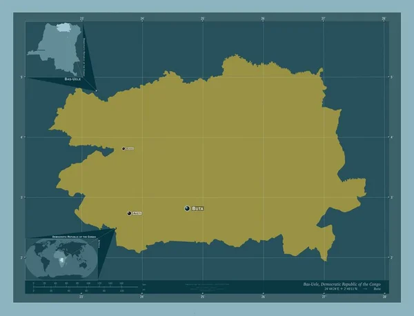 コンゴ民主共和国のバス ウエレ州 しっかりした色の形 地域の主要都市の位置と名前 コーナー補助位置図 — ストック写真