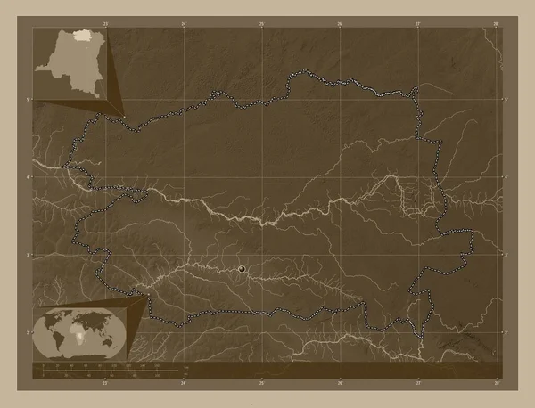 Bas-Uele, Demokratik Kongo Cumhuriyeti ili. Yükseklik haritası sepya tonlarında göller ve nehirlerle renklendirilmiş. Köşedeki yedek konum haritaları