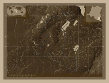 Haut-Katanga, Demokratik Kongo Cumhuriyeti eyaleti. Yükseklik haritası sepya tonlarında göller ve nehirlerle renklendirilmiş. Köşedeki yedek konum haritaları