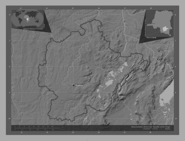 Haut-Lomami, Demokratik Kongo Cumhuriyeti eyaleti. Göllü ve nehirli çift katlı yükseklik haritası. Bölgenin büyük şehirlerinin yerleri ve isimleri. Köşedeki yedek konum haritaları