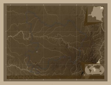 Haut-Uele, Demokratik Kongo Cumhuriyeti ili. Yükseklik haritası sepya tonlarında göller ve nehirlerle renklendirilmiş. Bölgenin büyük şehirlerinin yerleri. Köşedeki yedek konum haritaları