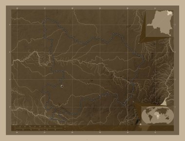 Haut-Uele, Demokratik Kongo Cumhuriyeti ili. Yükseklik haritası sepya tonlarında göller ve nehirlerle renklendirilmiş. Köşedeki yedek konum haritaları