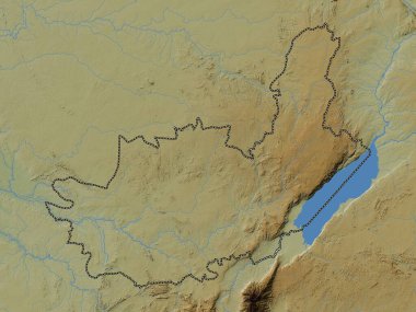 Ituri, Demokratik Kongo Cumhuriyeti eyaleti. Gölleri ve nehirleri olan renkli yükseklik haritası