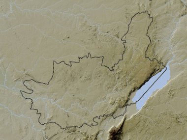 Ituri, Demokratik Kongo Cumhuriyeti eyaleti. Yükseklik haritası göller ve nehirlerle wiki stilinde renklendirilmiştir