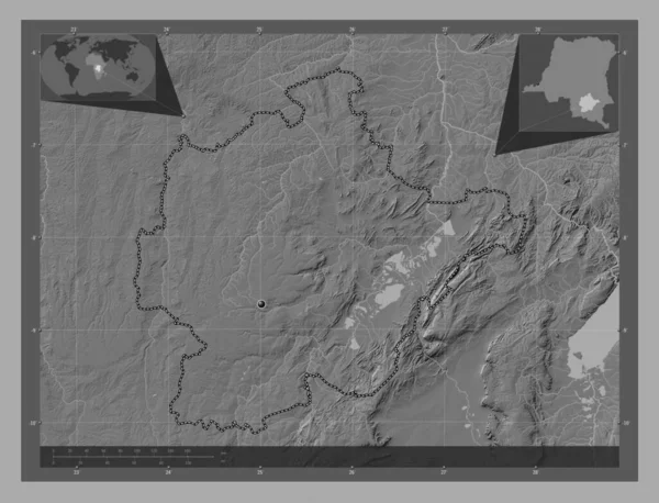 Haut-Lomami, Demokratik Kongo Cumhuriyeti eyaleti. Göllü ve nehirli çift katlı yükseklik haritası. Köşedeki yedek konum haritaları