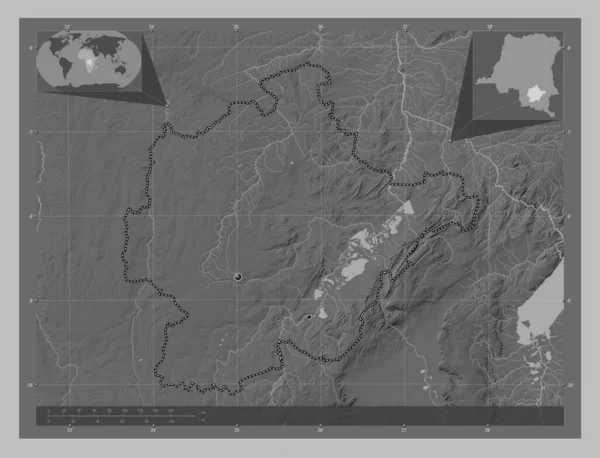 コンゴ民主共和国のハウトロマミ州 湖や川とグレースケールの標高マップ 地域の主要都市の場所 コーナー補助位置図 — ストック写真
