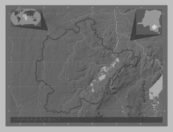 コンゴ民主共和国のハウトロマミ州 湖や川とグレースケールの標高マップ コーナー補助位置図 — ストック写真