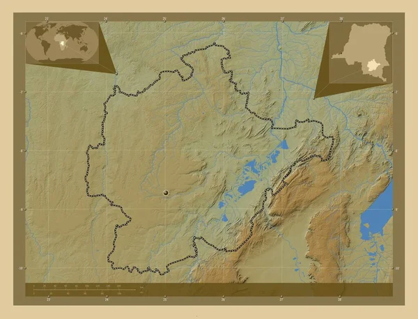 コンゴ民主共和国のハウトロマミ州 湖や川と色の標高マップ コーナー補助位置図 — ストック写真